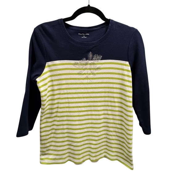 Kim Rogers Women’s Navy & Green Striped Knit Top | Size M - Picture 2 of 6
